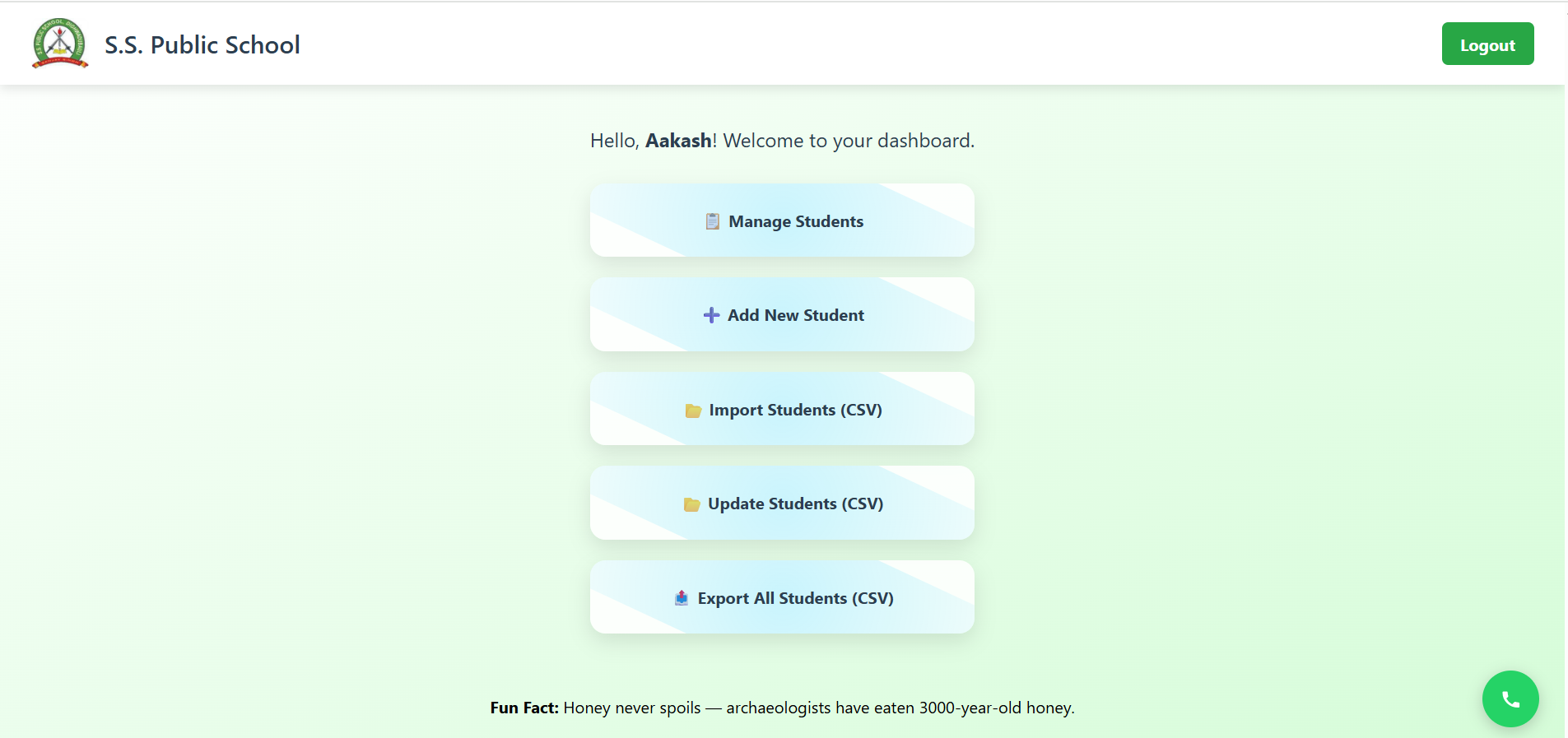 Screenshot of the SDMS-SSPS student database management system
